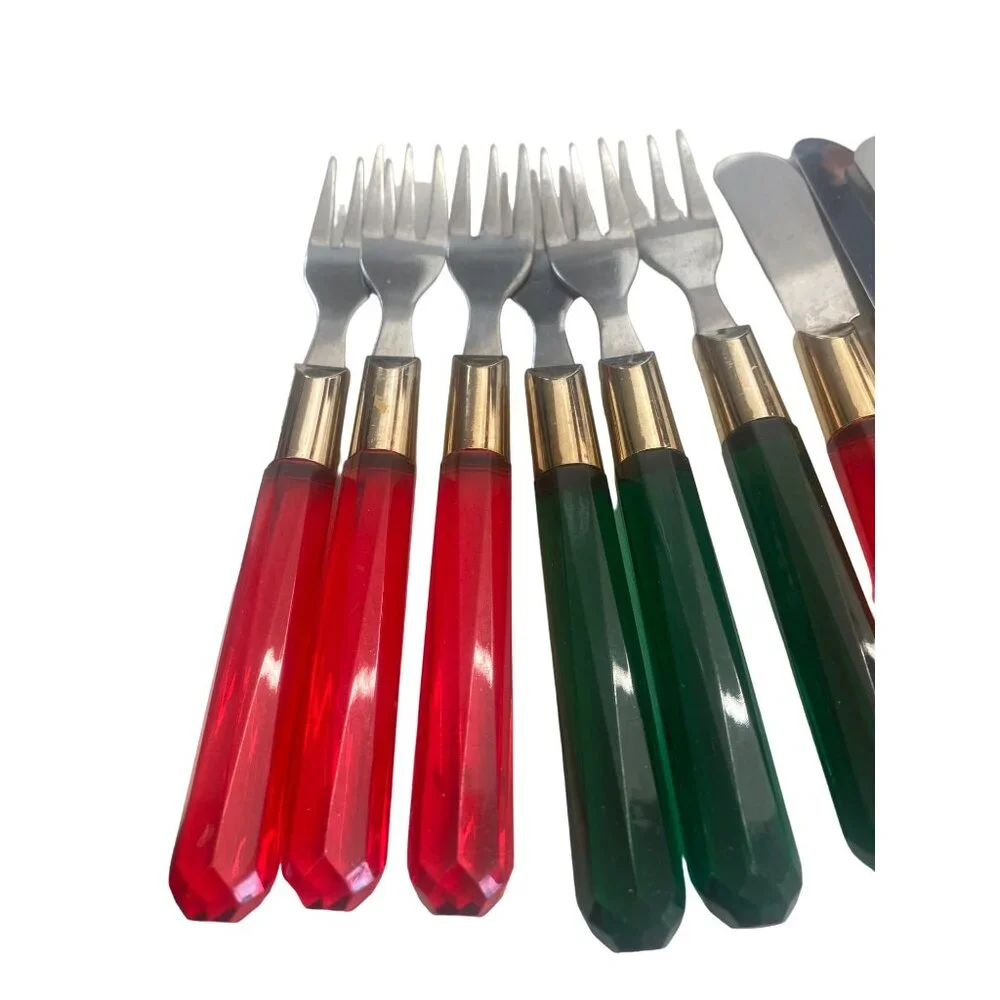 Vintage Red & Green Lucite Handle Appetizer Fork & Knife Set 6 Each